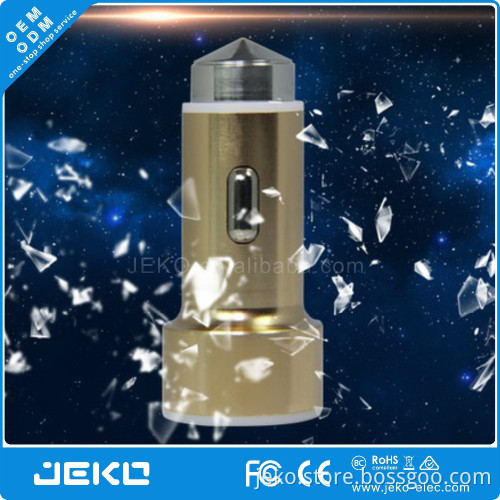 Good quality 2 USB metal car charger with function of breaking window